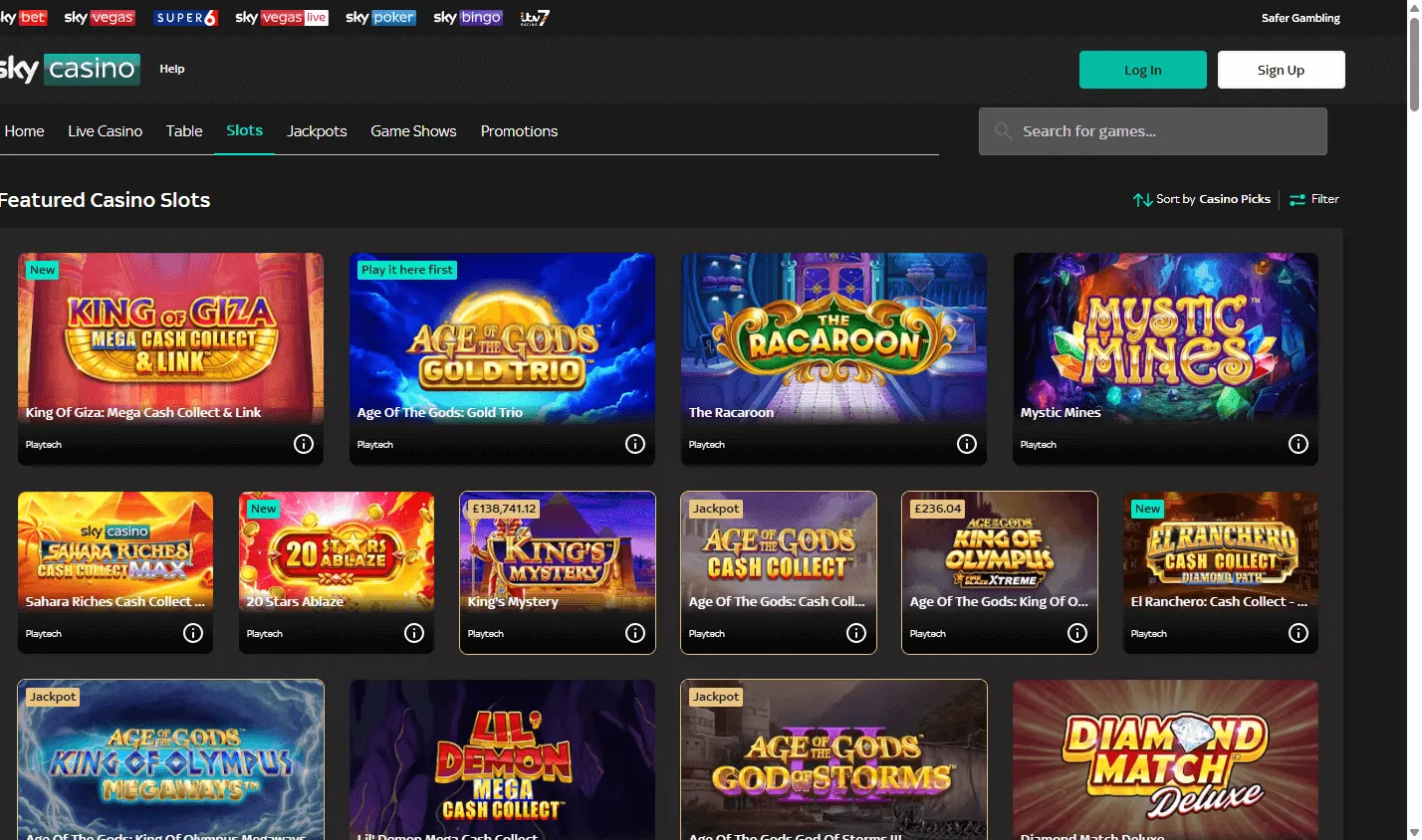 Sky Casino game selection on desktop